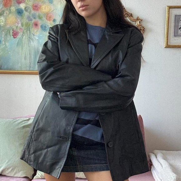 Black Leather Blazer Trench Coat - Picture 5 of 8